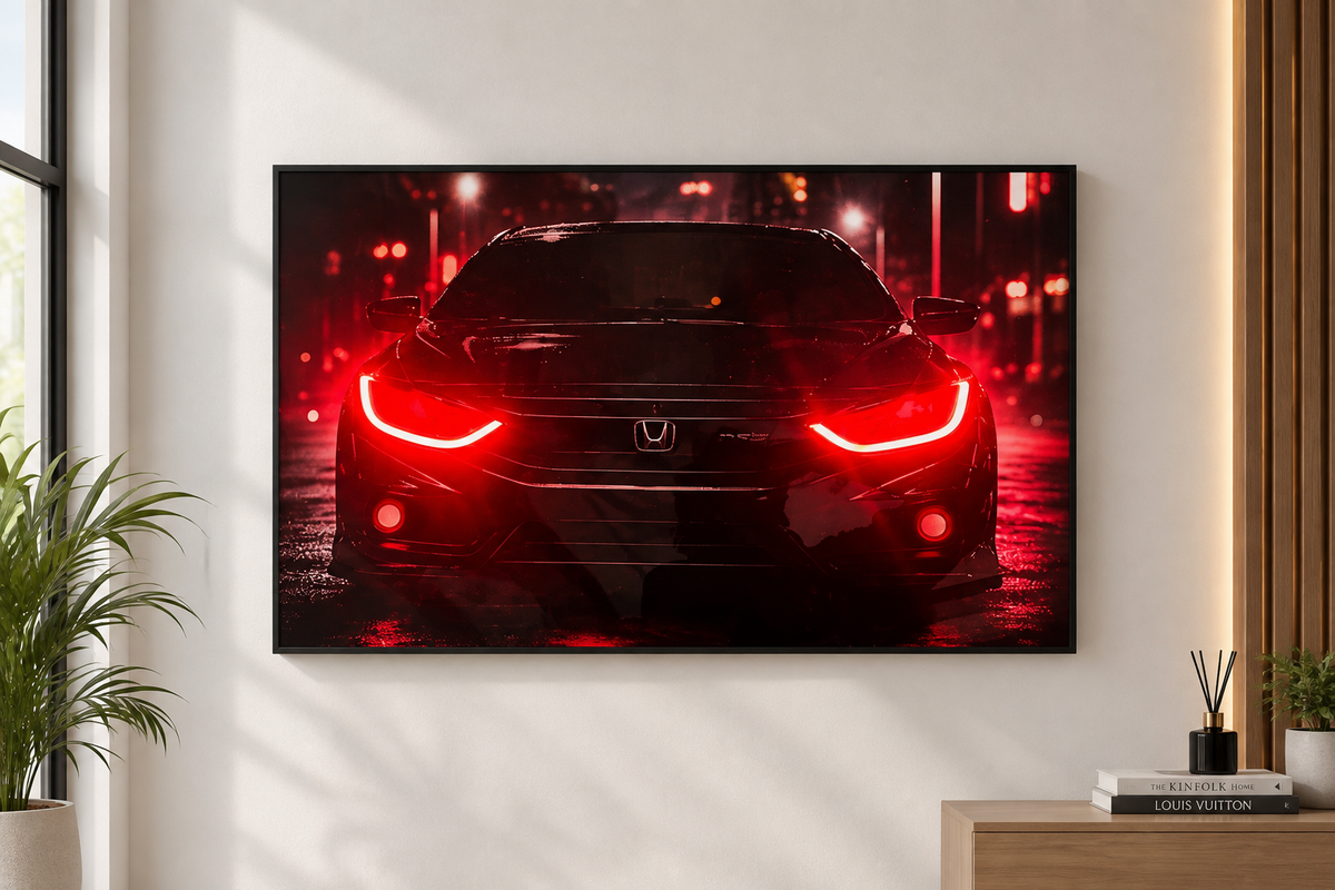 Handcrafted Honda Civic red glow neon-style poster, made to order and delivered across Pakistan.