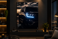 A large vertical wall art print showing a black SUV with glowing blue headlights against a dramatic cloudy sky, displayed in a modern living room setting.