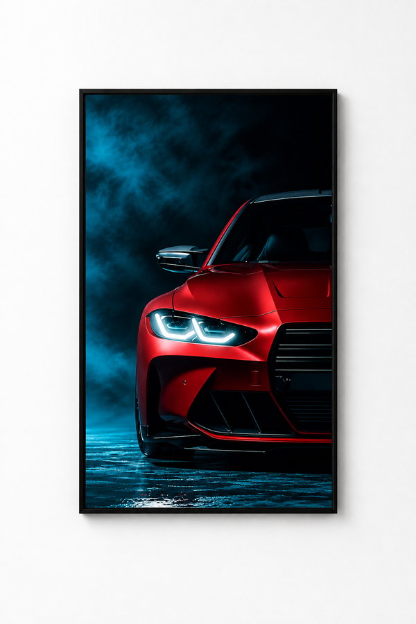 A framed vertical art print featuring a close-up of a red sports car with glowing headlights against a dark blue and black smoky background, displayed on a clean white wall.