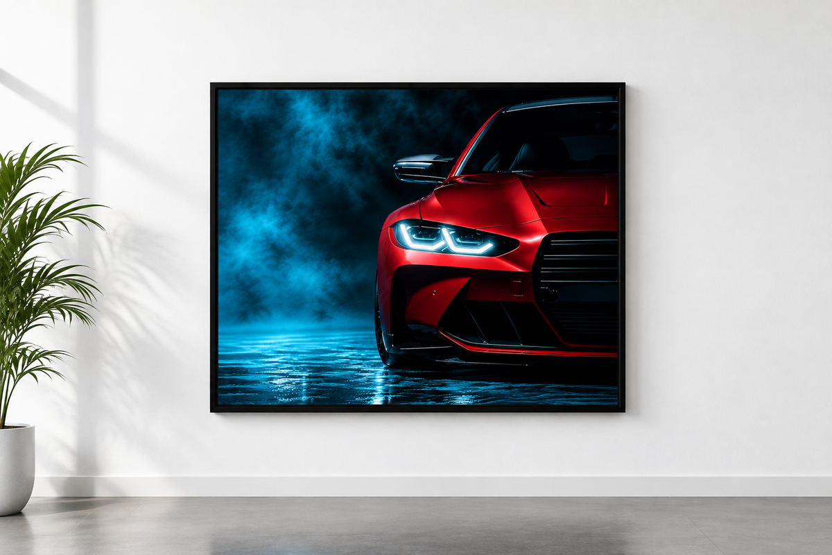 A framed wall art print showing a close-up of a red sports car with glowing headlights in a smoky blue scene, displayed on a white wall in a modern room with a potted plant.