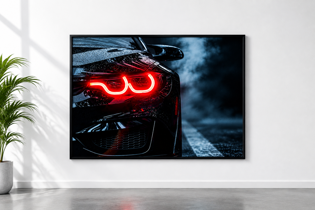 A framed wall art print showing a close-up of a black car with glowing red LED taillights, displayed on a white wall in a modern room with a potted plant and gray floor.