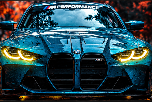 A framed wall art print featuring a front-facing BMW M4 with glowing headlights and a dark blue metallic finish, shown hanging against a light gray wall.