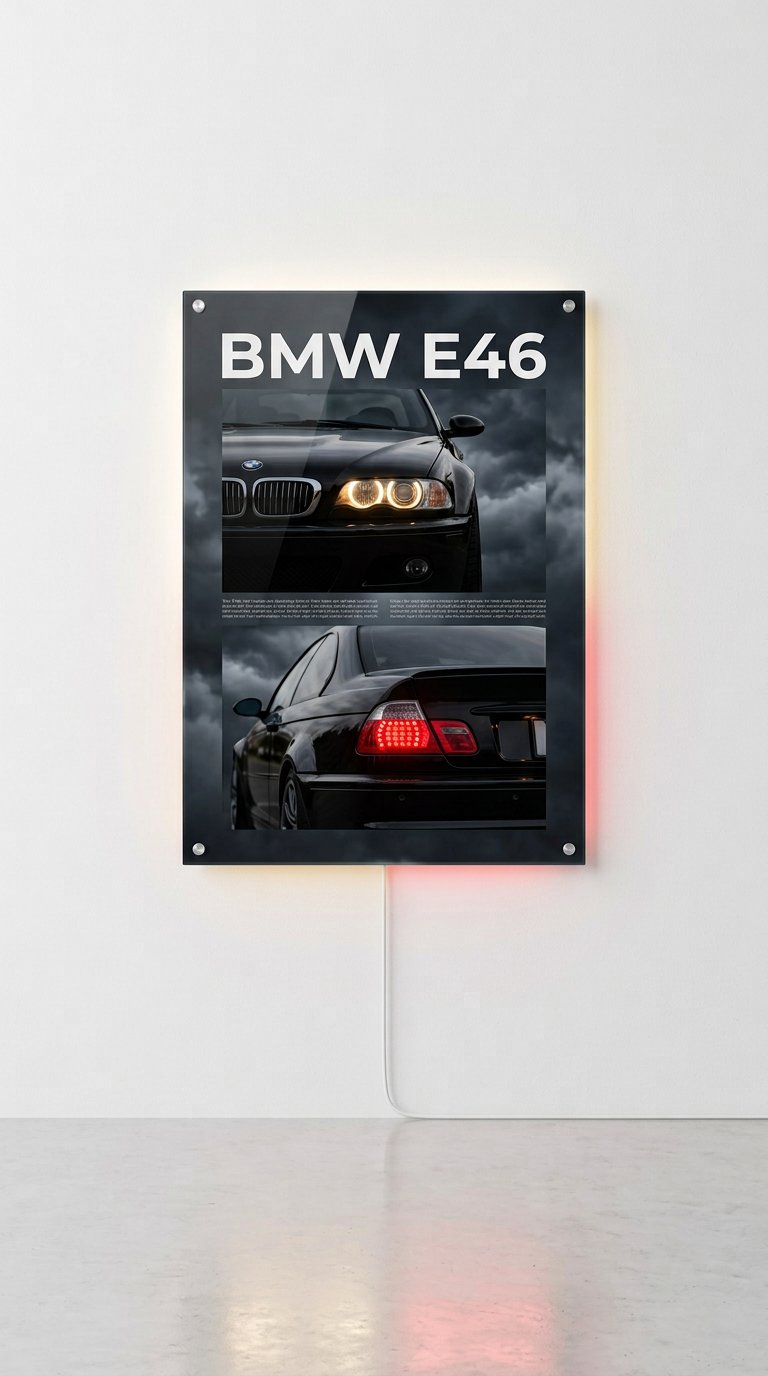 A vertical acrylic wall art print featuring the BMW E46, mounted on a white wall with a light strip underneath casting a red glow. The print shows two images of a black BMW E46 car against a dark cloudy sky, with 'BMW E46' written in white at the top.