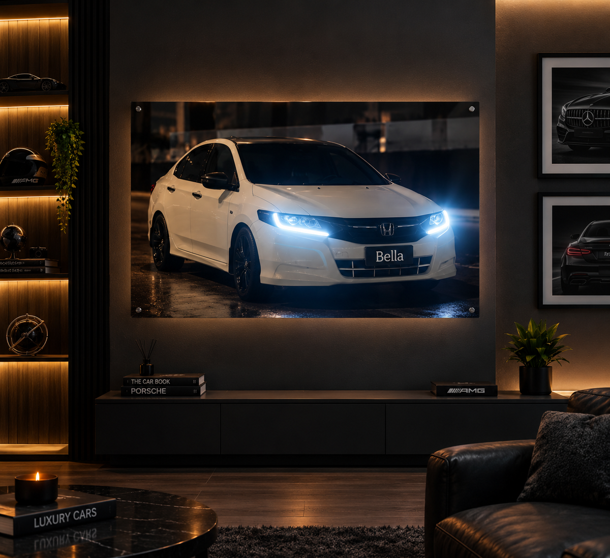 A large wall-mounted display or poster showing a white Honda Civic sedan with bright headlights, installed in a modern living room setting above a dark media console.
