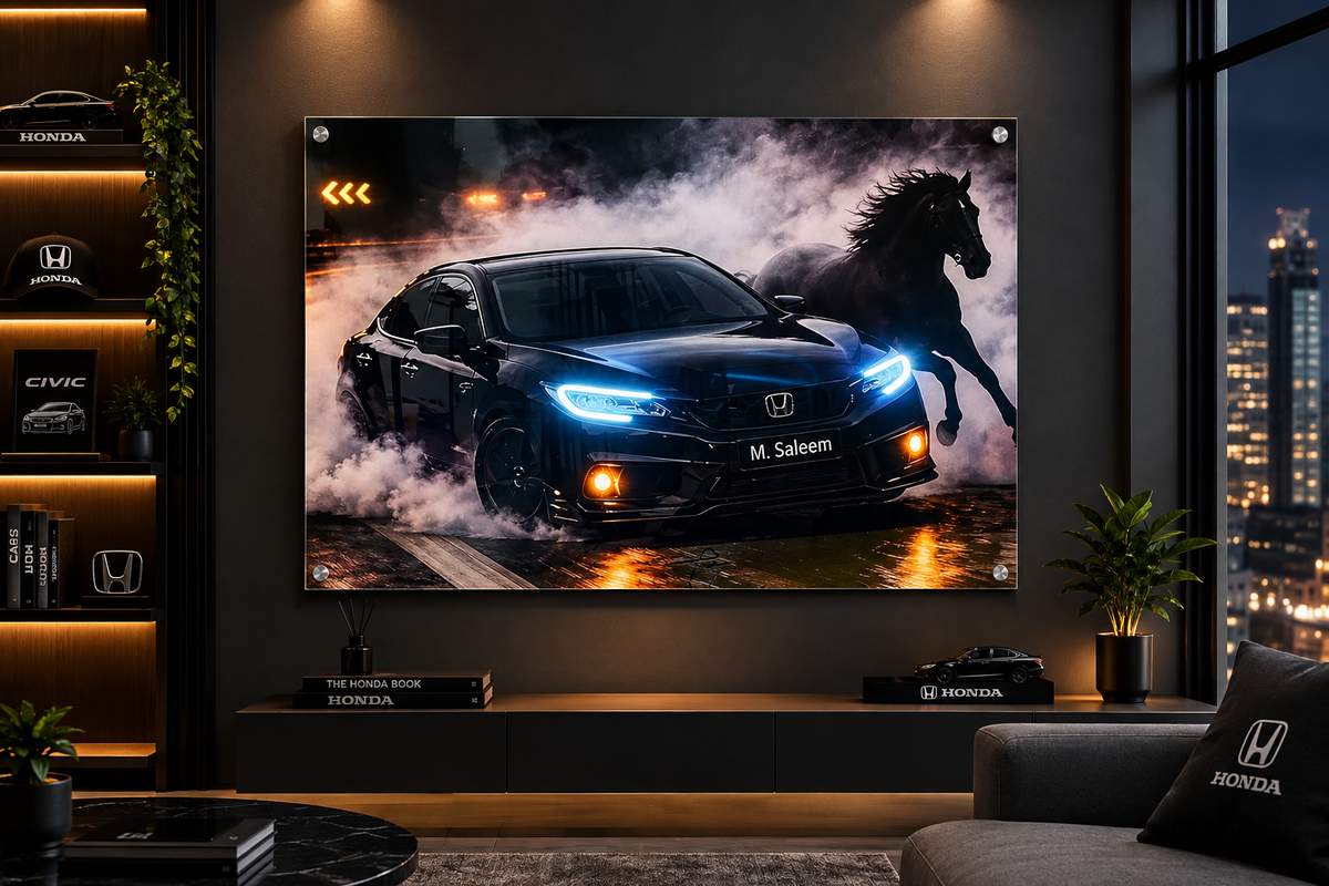 A large wall-mounted framed artwork showing a dark Honda sedan with a horse in a smoky nighttime scene, displayed in a modern living room above a console table. Visible Honda branding appears on decor items and the pillow in the room.