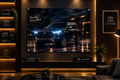 A large wall-mounted TV in a modern living room displays a promotional image of a black Toyota Land Cruiser at night. The room features Toyota branding on the wall, shelves, and a console, with warm lighting and a dark leather sofa in the foreground.