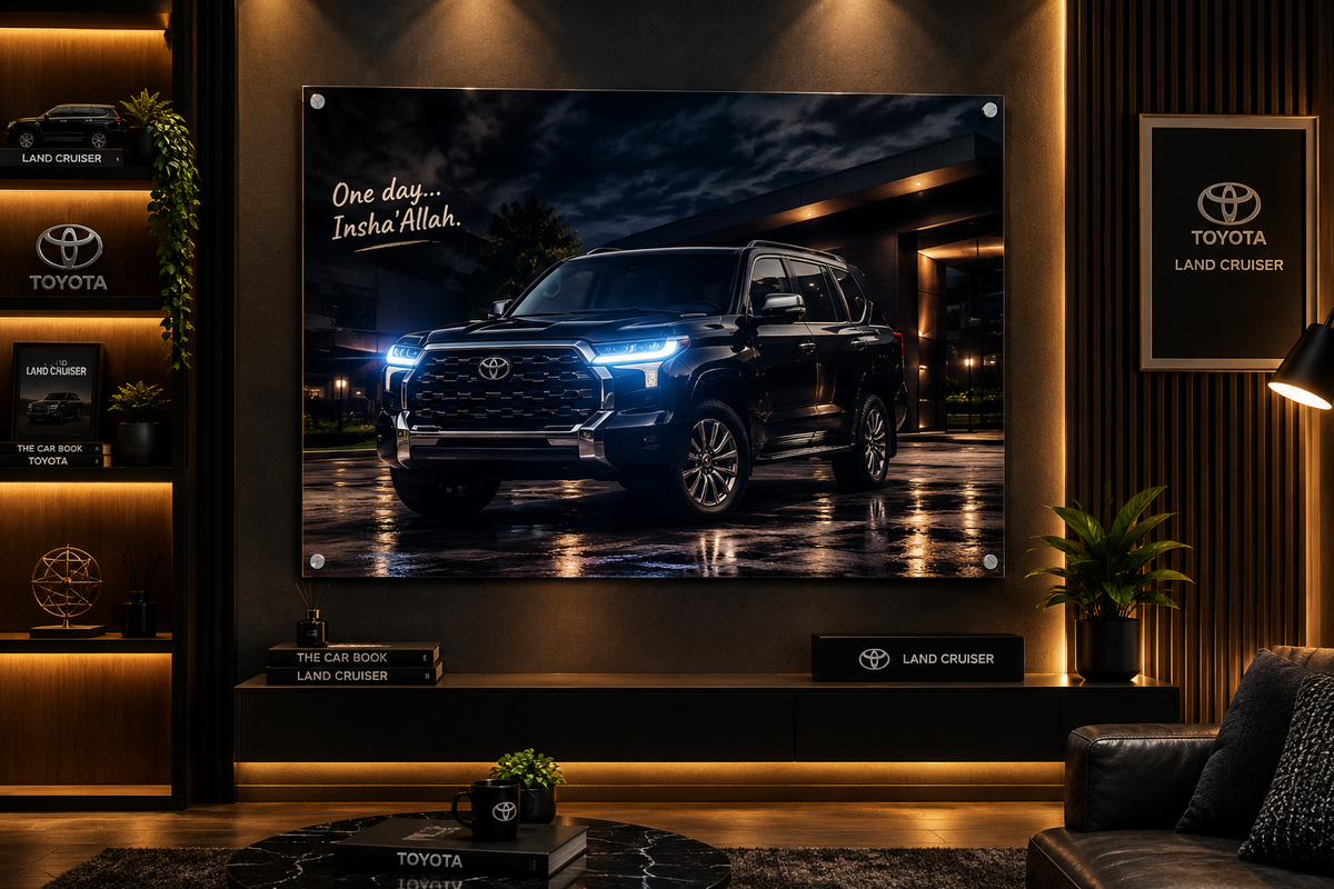 A large wall-mounted TV in a modern living room displays a promotional image of a black Toyota Land Cruiser at night. The room features Toyota branding on the wall, shelves, and a console, with warm lighting and a dark leather sofa in the foreground.